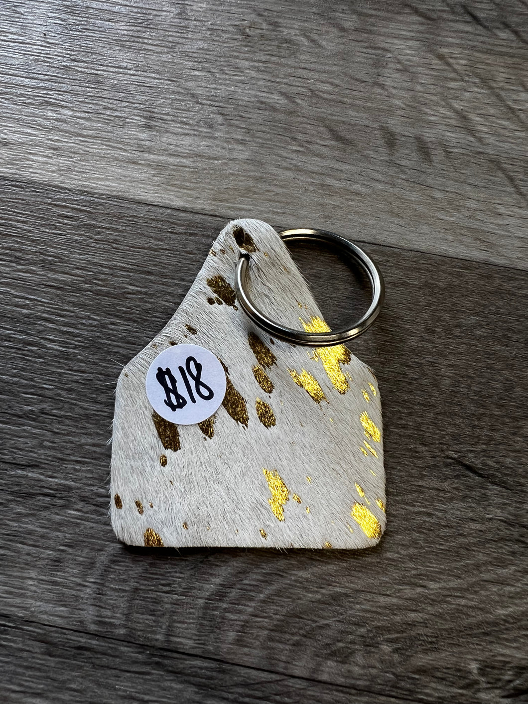 Gold and White Cow Tag Keychain
