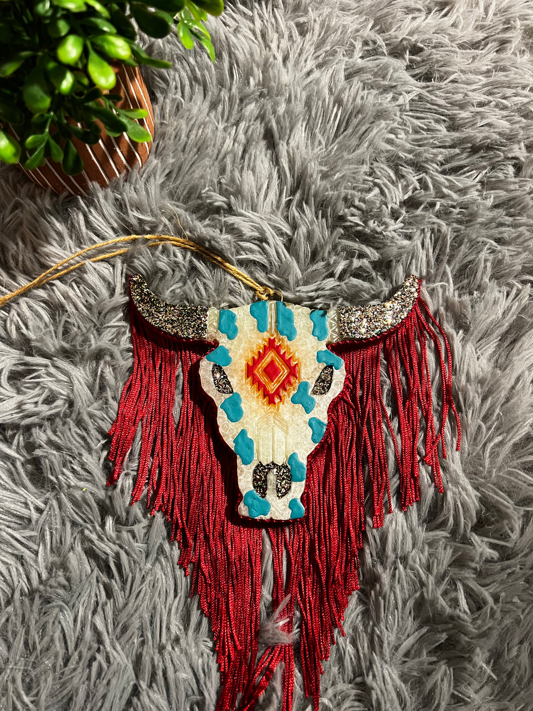 Bull Skull Turquoise, Red & Sparkly with Red Fringe Air Freshener