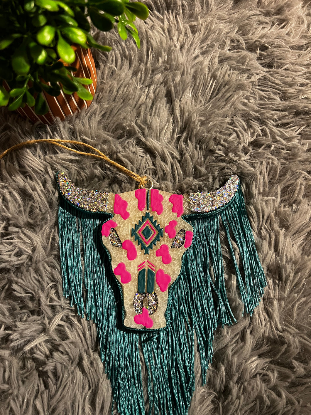 Bull Skull Pink, Sparkly with Turquoise Fringe Air Freshener