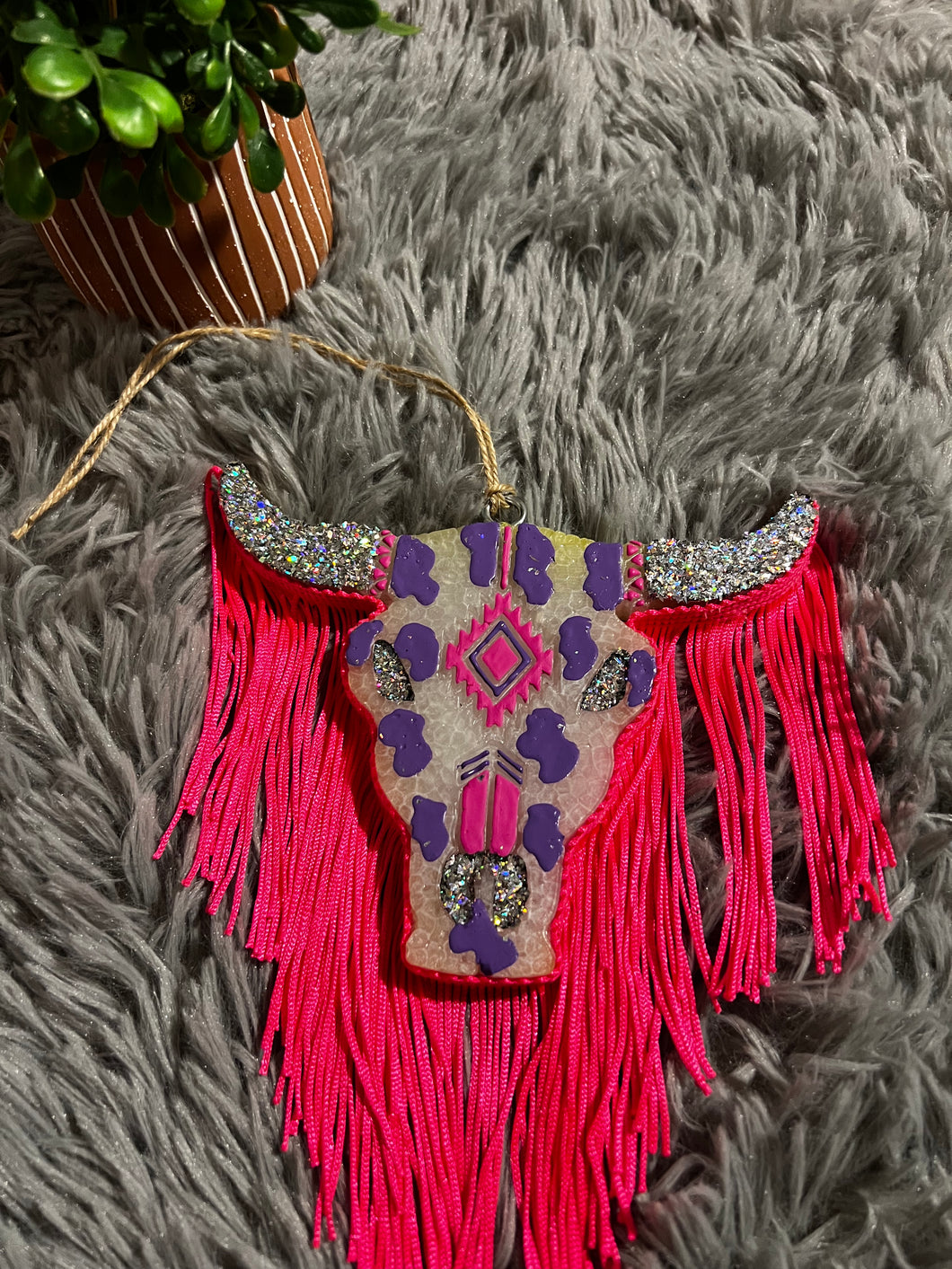 Bull Skull Pink, Purple & Sparkly with Pink Fringe Air Freshener