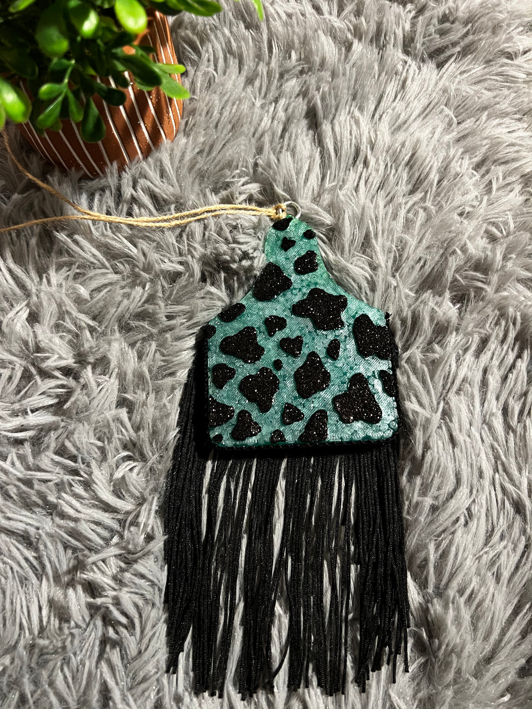 Cow Tag Black & Turquoise Sparkly With Black Fringe