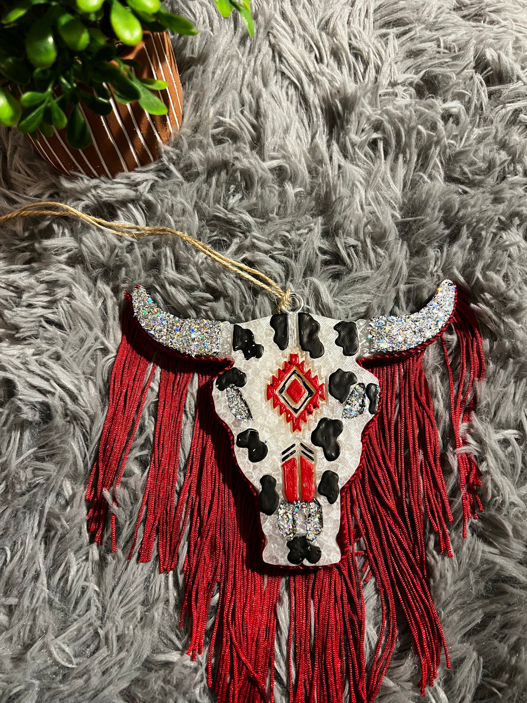 Bull Skull Black & Sparkly with Red Fringe Air Freshener