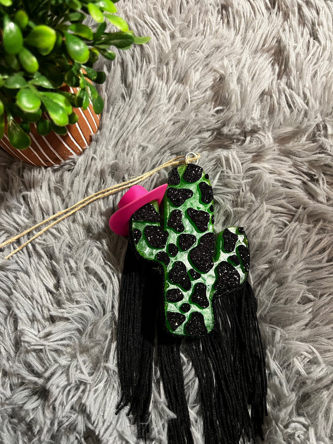 Green Cactus & Black Sparkly with Black Fringe Air Freshener