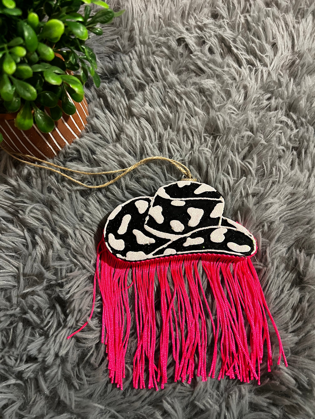 Black & White Cow Print Cowboy Hat with Pink Fringe Air Freshener