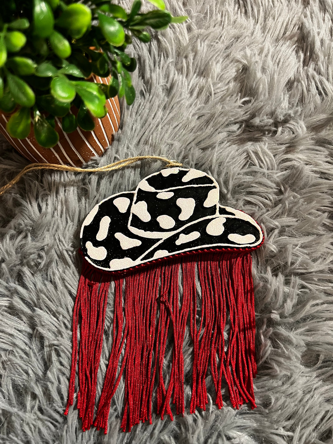 Cow Print Cowboy Hat with Red Fringe Air Freshener