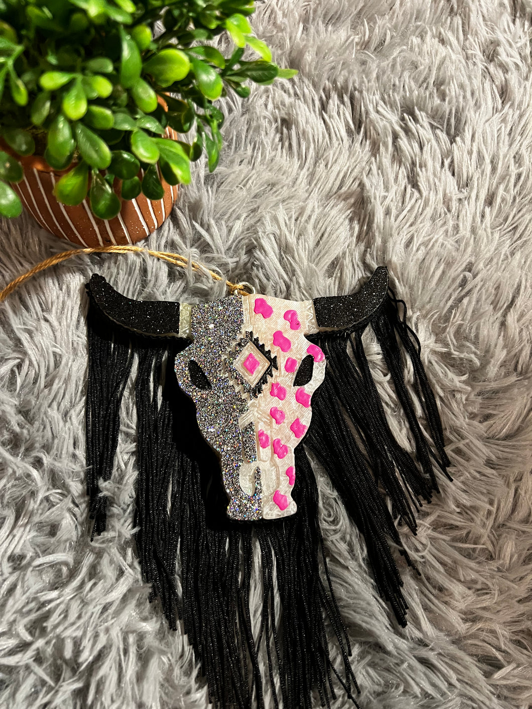 Bull Skull Pink & Sparkly with Black Fringe Air Freshener