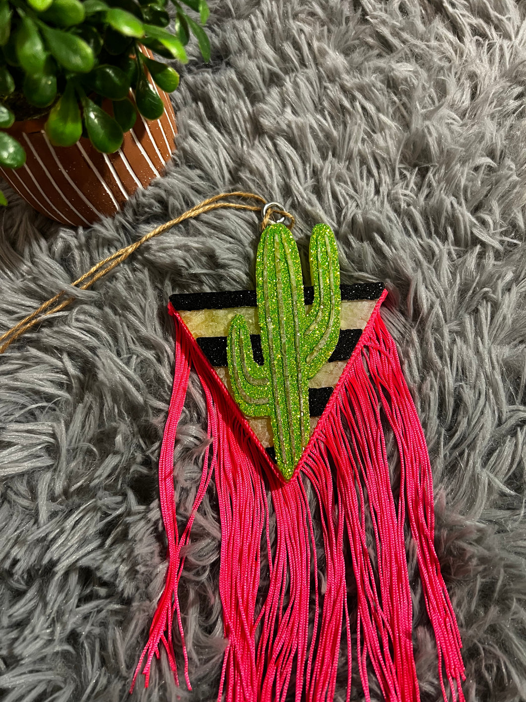 Green Cactus with Pink Fringe Air Freshener