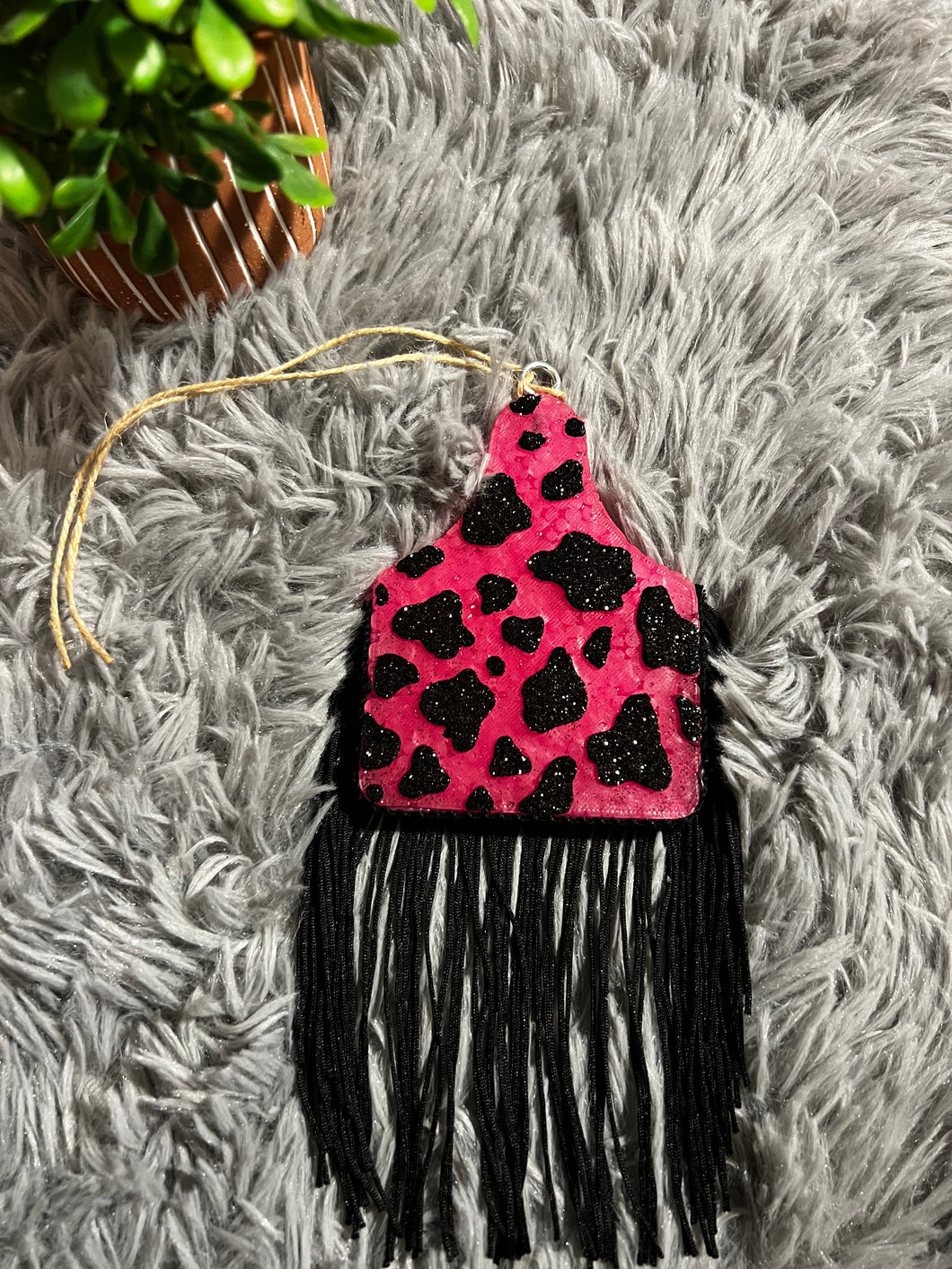 Cow Tag Pink & Black Sparkly With Black Fringe Air Freshener