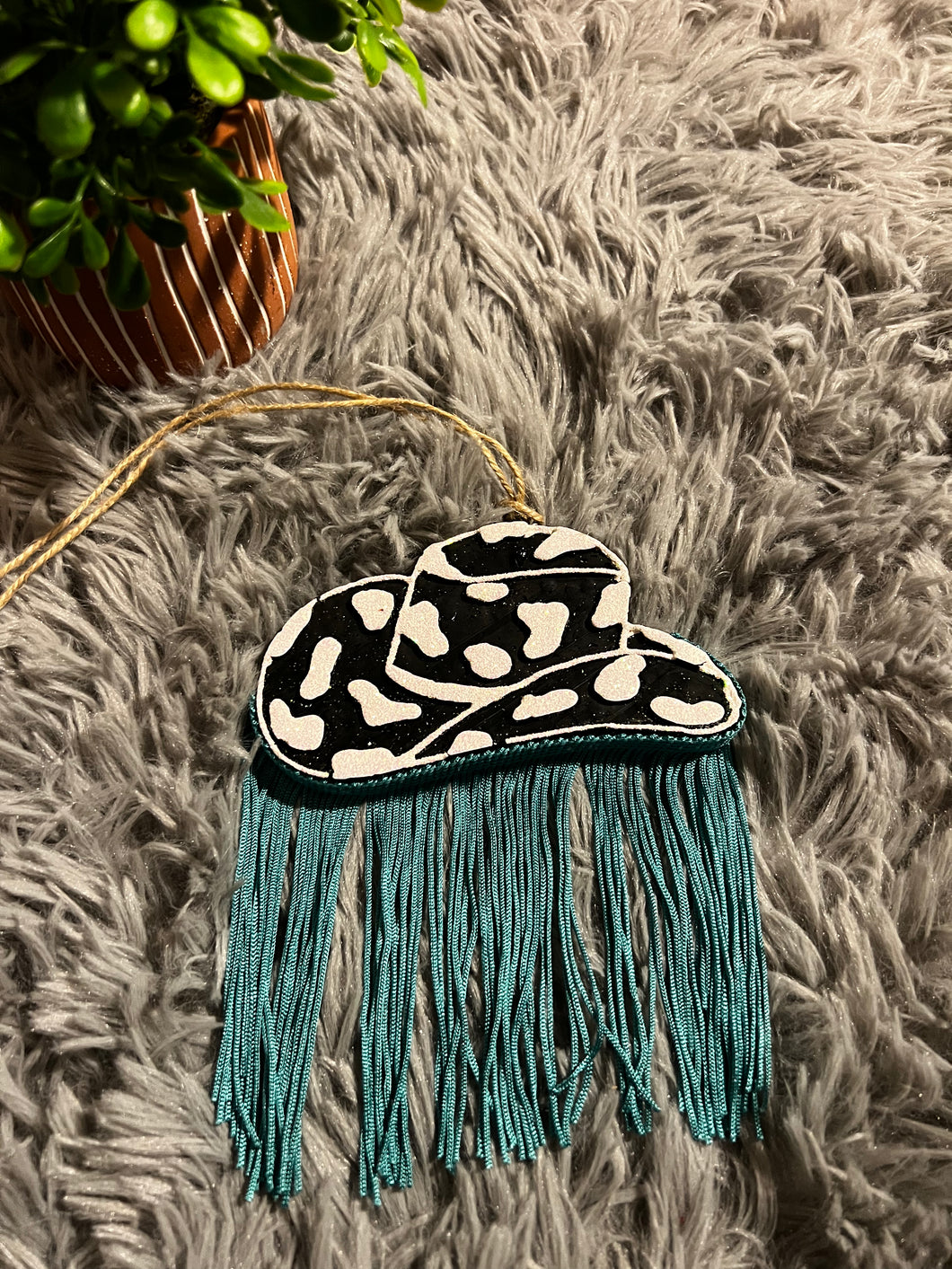 Cow Print Cowboy Hat Black & White Sparkly with Turquoise Fringe Air Freshener