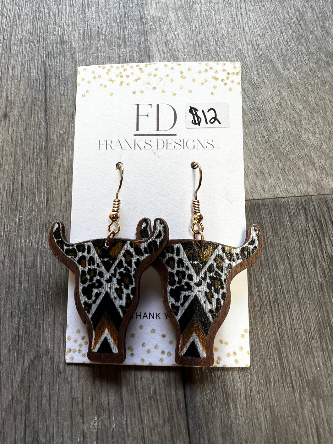 Wooden Leopard Bull Skull Earrings